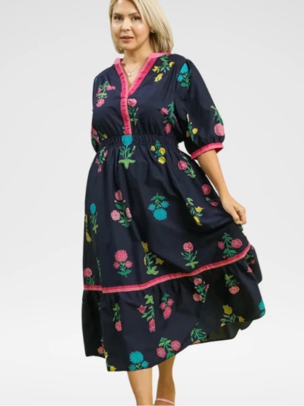 Umgee Navy Floral Midi Dress with Pink Trim